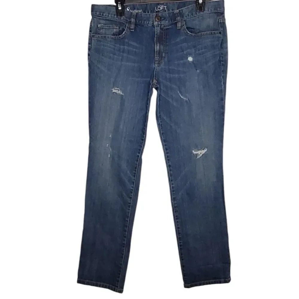 LOFT boyfriend, Blue Straight Leg Jeans with Distressed Details 10